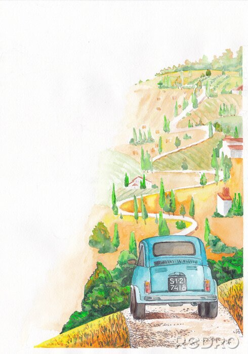 Poster Historisches Auto auf dem Weg in der Toskana