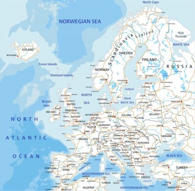 Sticker Hochdetaillierte Europa-Straßenkarte mit Beschriftung