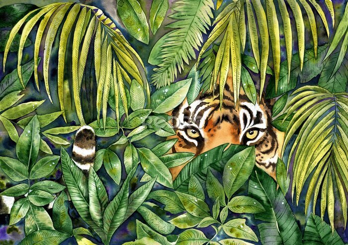 Poster Hockender Tiger im grünen Dickicht