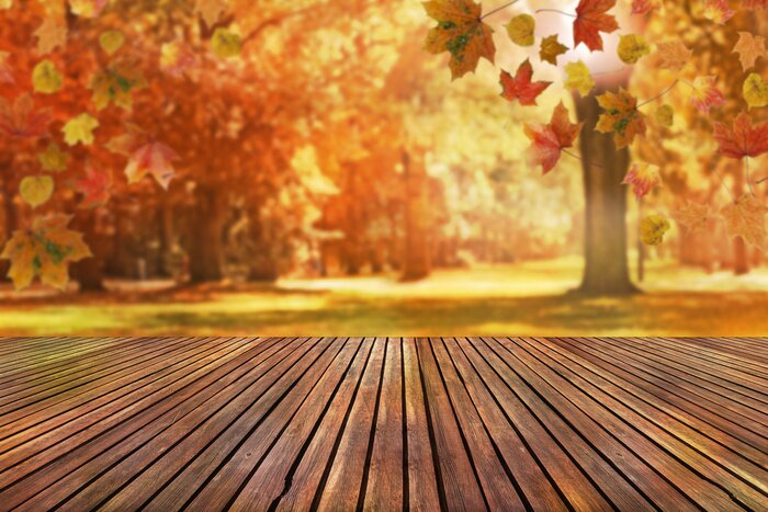 Poster Hölzerne Plattform mit herbstlichem Hintergrund