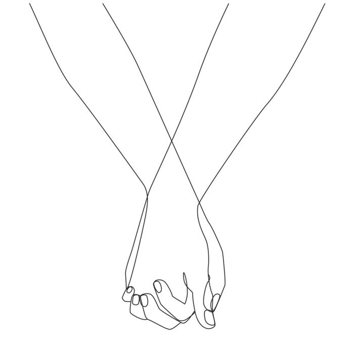 Poster Holding hands one line drawing on white isolated background. Vector illustration