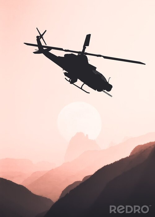 Poster Hubschrauber im Flug vor dem Hintergrund eines rosa Himmels