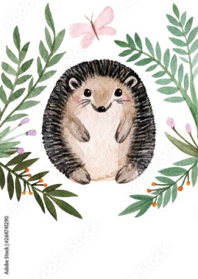 Poster Igel zwischen den Blättern (Aquarell)