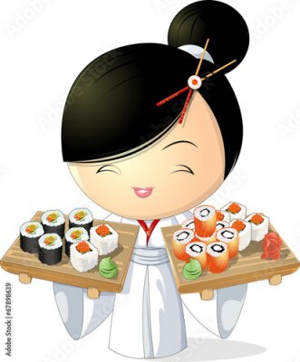 Poster Illustration eines Mädchens im Kimono mit Sushi