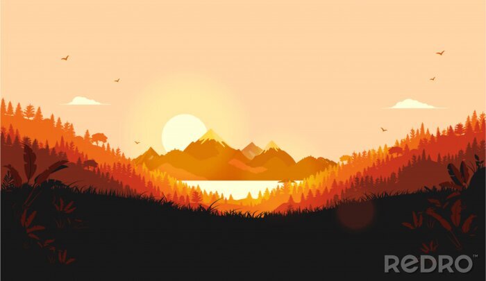 Poster Illustration mit einem malerischen Sonnenaufgang