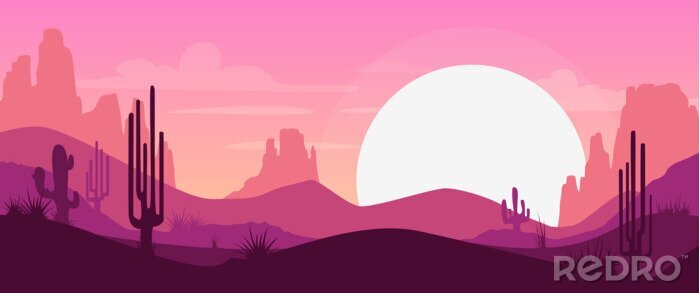 Poster Illustration mit Sonnenuntergang in der Wüste
