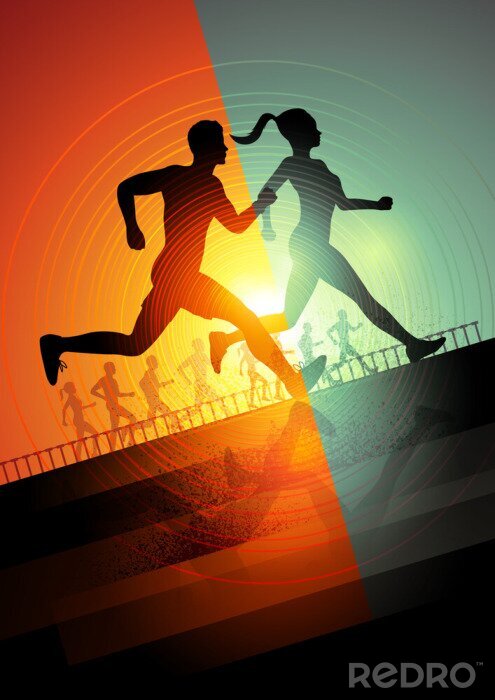 Poster Illustriertes Paar Läufer vor farbenfrohem Hintergrund