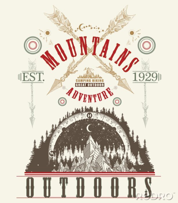 Poster Im Freien Poster. Berge Tattoo Kunst, T-Shirt Design. Berge, Symbolreise, Tourismus, Extremsport und Klettern, Berge Tribal Style