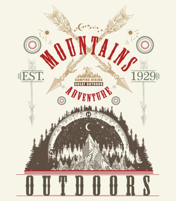 Poster Im Freien Poster. Berge Tattoo Kunst, T-Shirt Design. Berge, Symbolreise, Tourismus, Extremsport und Klettern, Berge Tribal Style