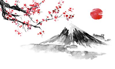Fototapete Japanische Landschaft mit Aquarellfarben gemalt