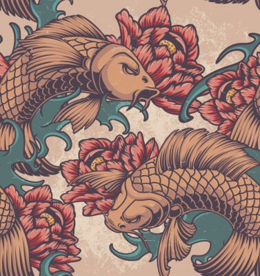 Japanische orientalische Fische und rote Blumen