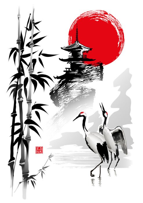 Poster Japanisches Aquarell mit Vögeln