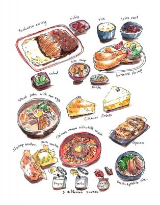 Poster Japanisches Essen in einer farbenfrohen Illustration