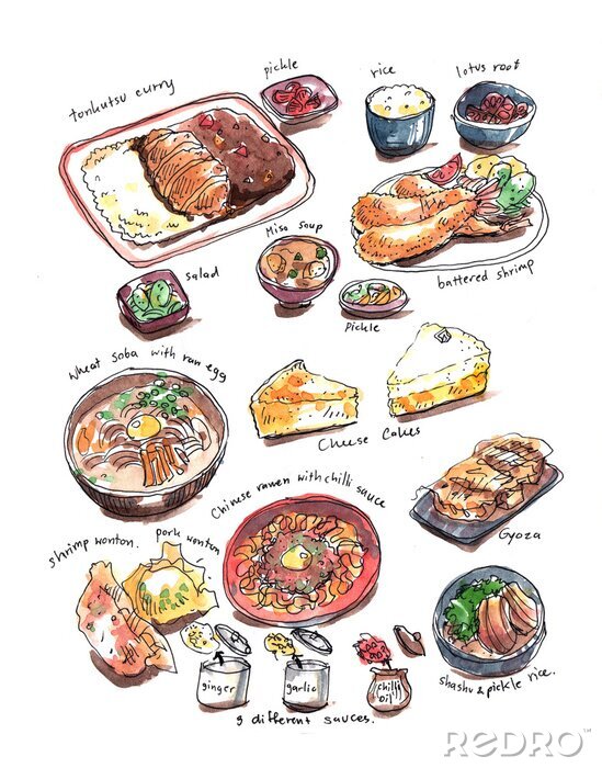Poster Japanisches Essen in einer farbenfrohen Illustration