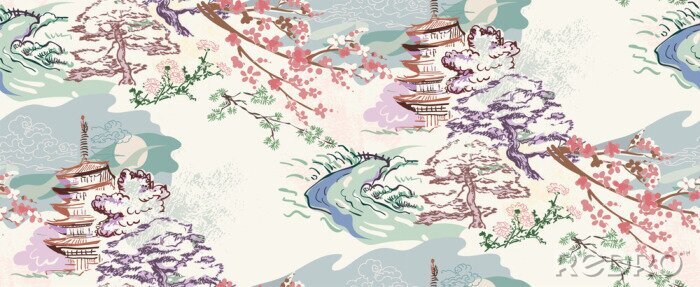 Poster Japanisches orientalisches Gebäude mit viel Grün