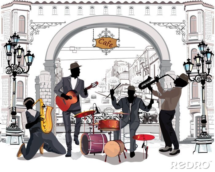 Poster Jazzkünstler spielen vor dem Hintergrund eines Tores