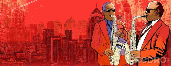 Poster Jazzmusiker auf Stadtpanorama