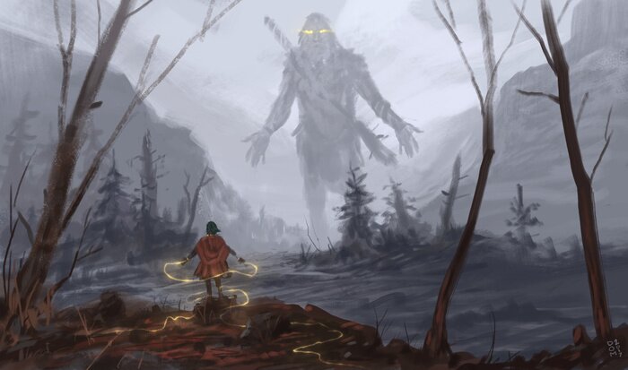 Poster Junge Frau und Gigant Fantasy