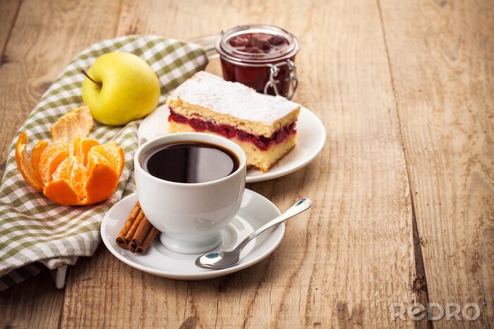 Poster Kaffee neben Kuchen Obst und Einmachglas