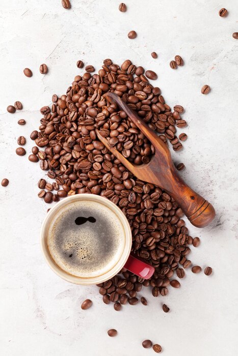 Poster Kaffee Schöpflöffel und verstreute Bohnen