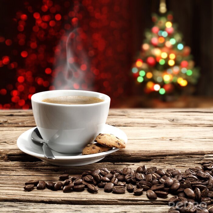 Poster Kaffee vor dem Hintergrund des Weihnachtsbaumes