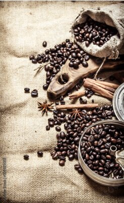 Poster Kaffeebohnen und aromatische Gewürze auf einem Jutesack-Hintergrund