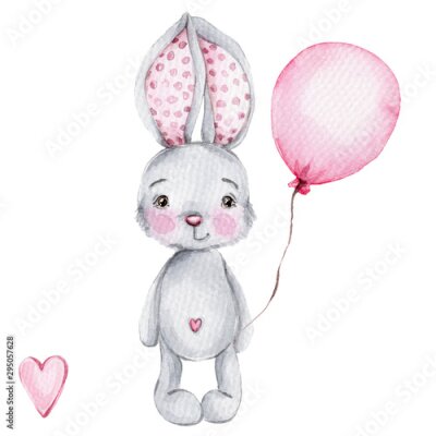 Poster Kaninchen mit Ballon (Aquarell)