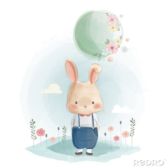 Poster Kaninchen mit einem grünen Ballon