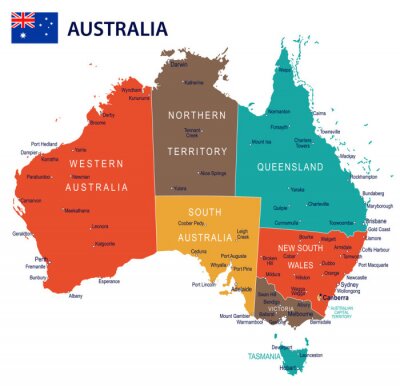 Poster Karte von Australien mit gekennzeichneten Staaten
