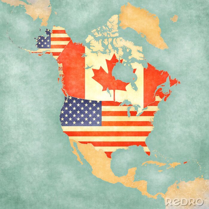 Poster Karte von Nordamerika mit Flaggen
