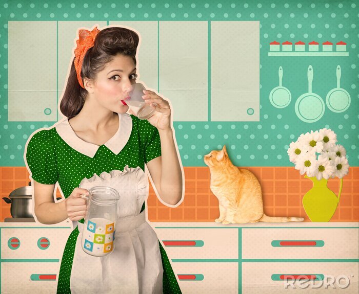 Poster Katze und Frau in der Küche