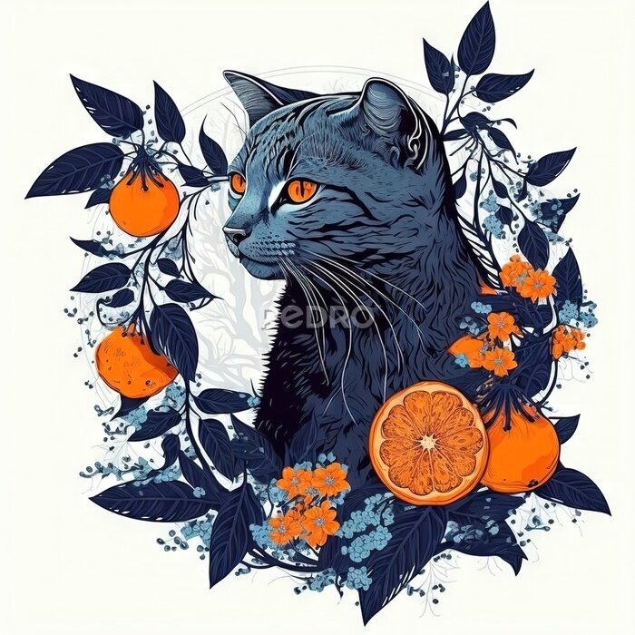 Poster Katze und Orangenfrucht