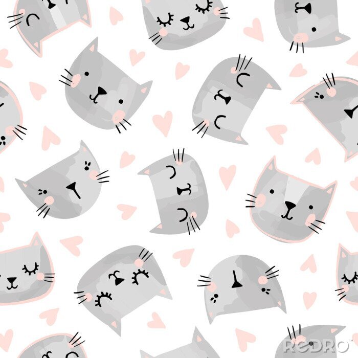 Poster Katzen nahtloses Vektormuster mit Herzen. Nette Hand gezeichnete Kätzchengesichter. Valentinstag