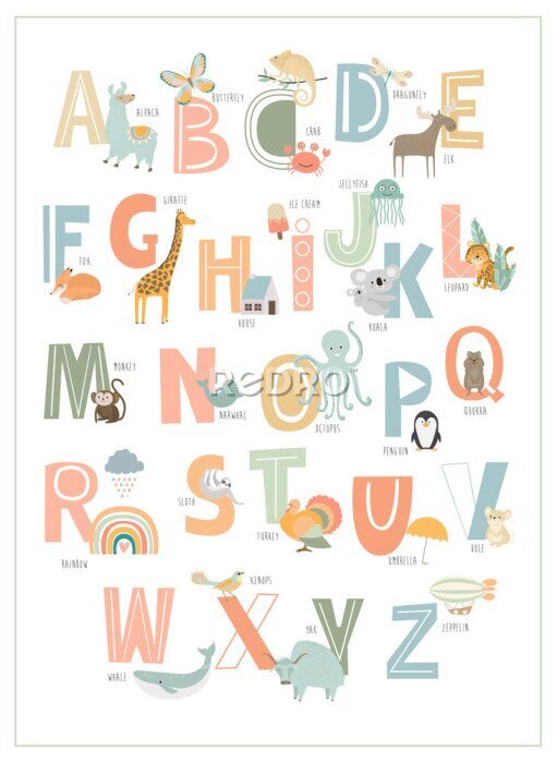 Poster Kids english alphabet, A to Z with cute cartoon animals. Editable vector illustration