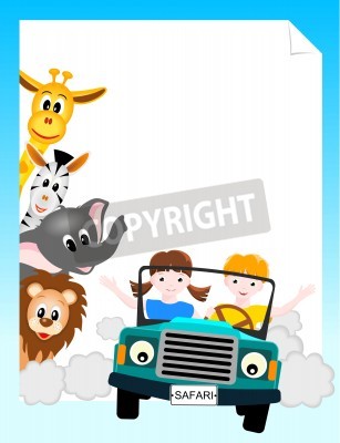 Poster Kinder im Safariauto mit Löwe, Elefant, Giraffe und Zebra - Vektorillustration