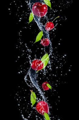 Poster Kirsche und Blätter in Wasser