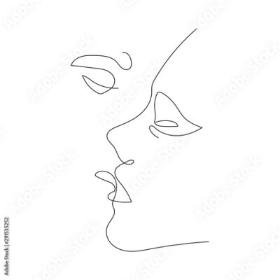 Poster Kiss Continuous One Line Drawing. One line Abstract Portrait. Minimalist Portrait Design. Kiss Contour Illustration. Vector EPS 10.