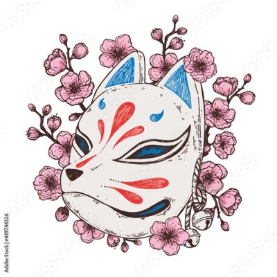 Poster Kitsune und Kirschblüten