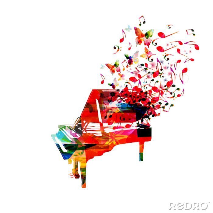 Poster Klavier mit fliegenden Noten und Schmetterlingen