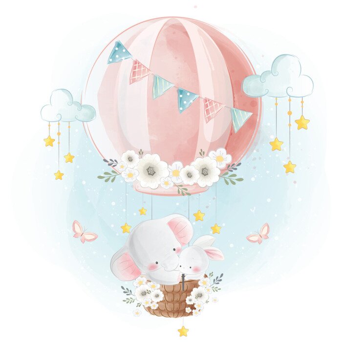 Poster Kleine Elefanten fliegen in einem Ballon