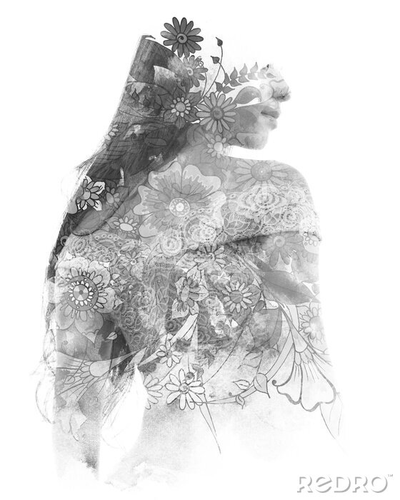 Poster Körper einer Frau mit grauen Blumen bedeckt
