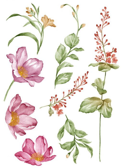 Poster Kombination aus Aquarellblumen und Zweigen