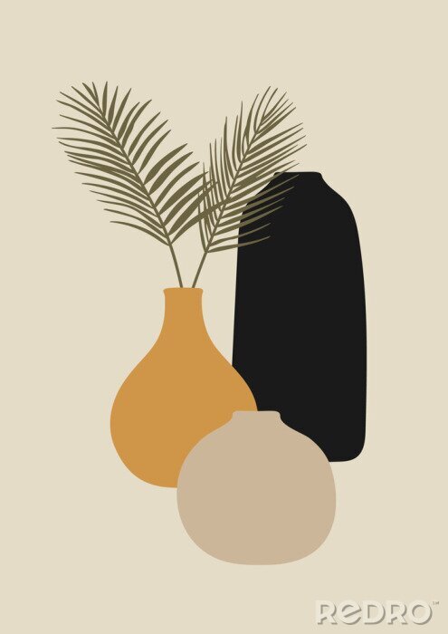 Poster Komposition aus drei Vasen und Palmblättern