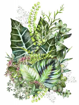 Poster Komposition aus grünen Blättern und rosa Blüten