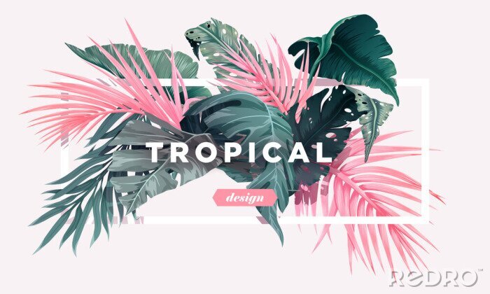 Poster Komposition aus Palmenblättern und Blumen