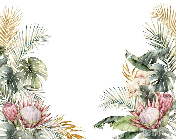 Poster Komposition von Palmenblättern und Blumen