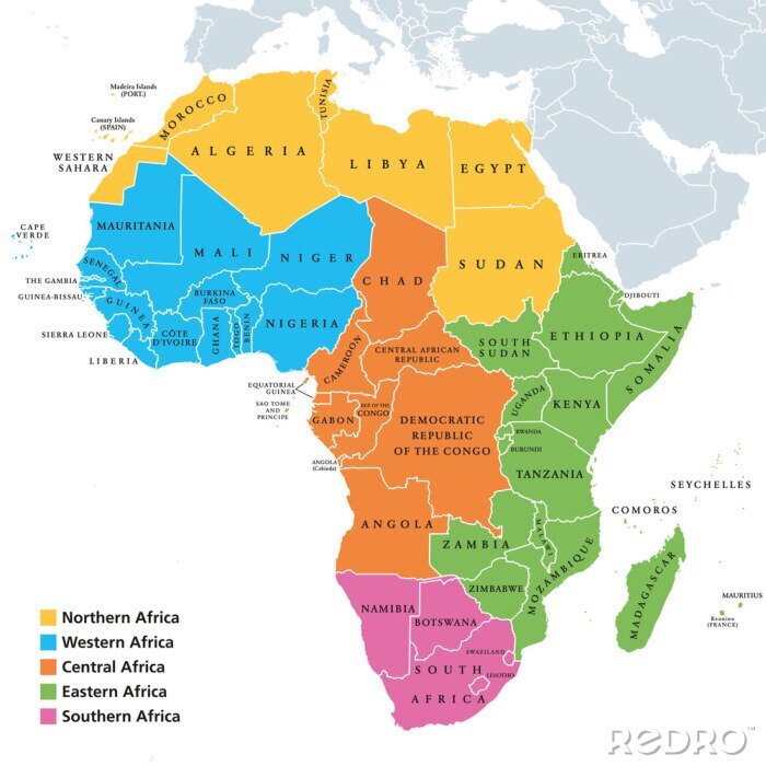 Poster Kontinente Afrika mit markierten Regionen