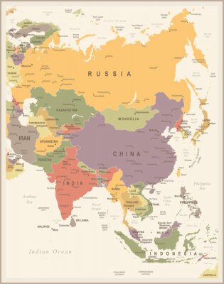 Poster Kontinente Grafik mit einer Retrokarte von Asien