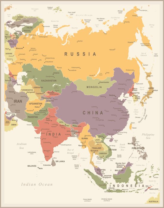 Poster Kontinente Grafik mit einer Retrokarte von Asien