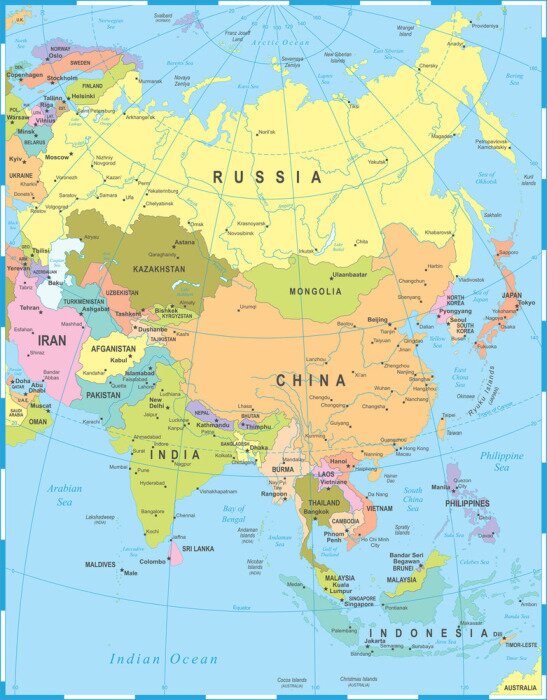 Poster Kontinente Grafik mit moderner Karte von Asien